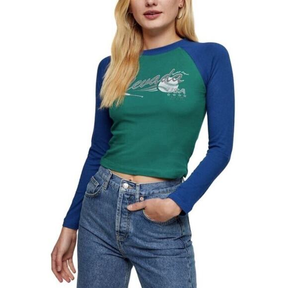 Topshop Women's Nevada Baseball Graphic Tee in Green Size 6 MSRP $30 - Picture 1 of 4